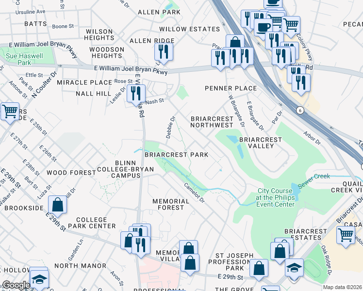 map of restaurants, bars, coffee shops, grocery stores, and more near 2012 Reagan Court in Bryan