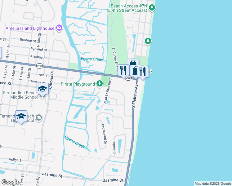 map of restaurants, bars, coffee shops, grocery stores, and more near 2610 Gregor McGregor Boulevard in Fernandina Beach