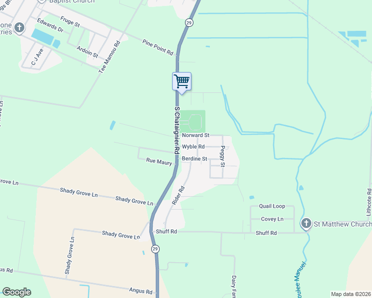 map of restaurants, bars, coffee shops, grocery stores, and more near 125 Wyble Road in Ville Platte