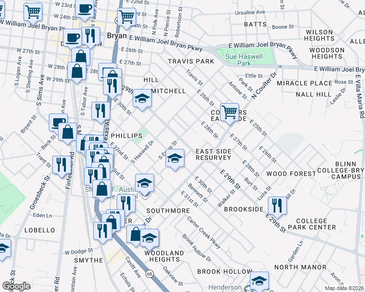 map of restaurants, bars, coffee shops, grocery stores, and more near 507 South Ennis Street in Bryan