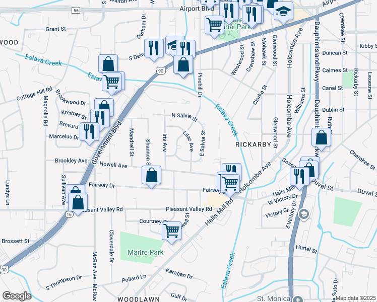 map of restaurants, bars, coffee shops, grocery stores, and more near 708 Lilac Avenue in Mobile