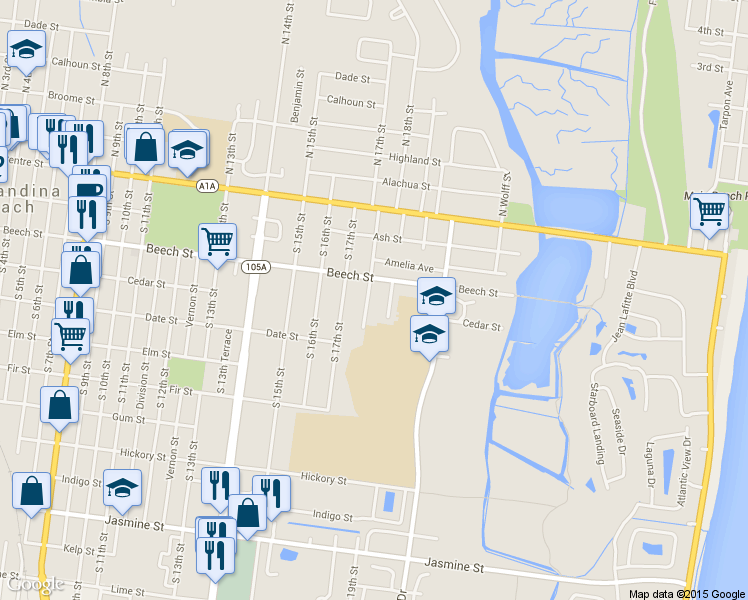 map of restaurants, bars, coffee shops, grocery stores, and more near 206 South 18th Street in Fernandina Beach