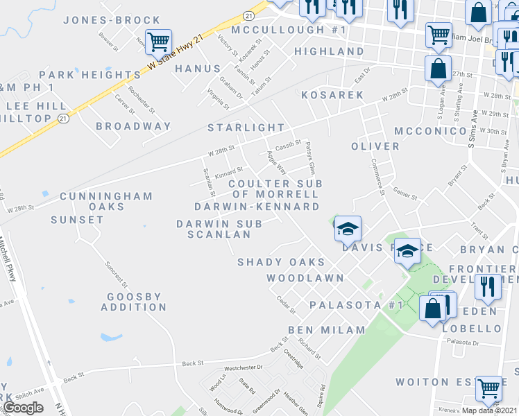 map of restaurants, bars, coffee shops, grocery stores, and more near 1705 Marshall Ave in Bryan