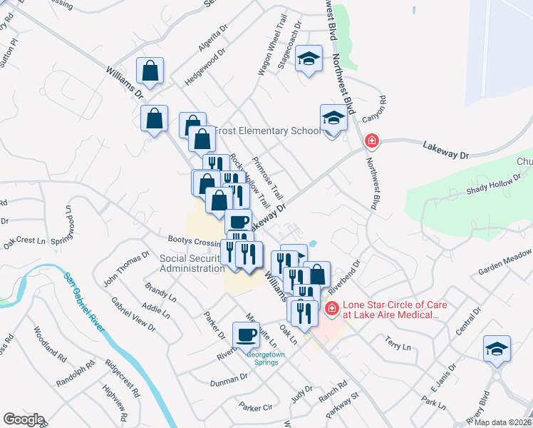 map of restaurants, bars, coffee shops, grocery stores, and more near 3200 Rocky Hollow Trail in Georgetown