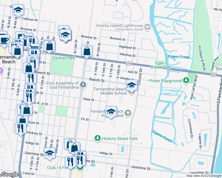 map of restaurants, bars, coffee shops, grocery stores, and more near 207 South 17th Street in Fernandina Beach