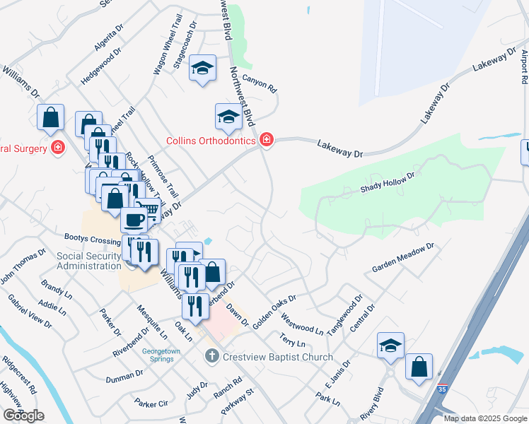 map of restaurants, bars, coffee shops, grocery stores, and more near 3000 Whisper Oaks Lane in Georgetown