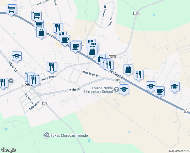 map of restaurants, bars, coffee shops, grocery stores, and more near 314 Main Street in Liberty Hill