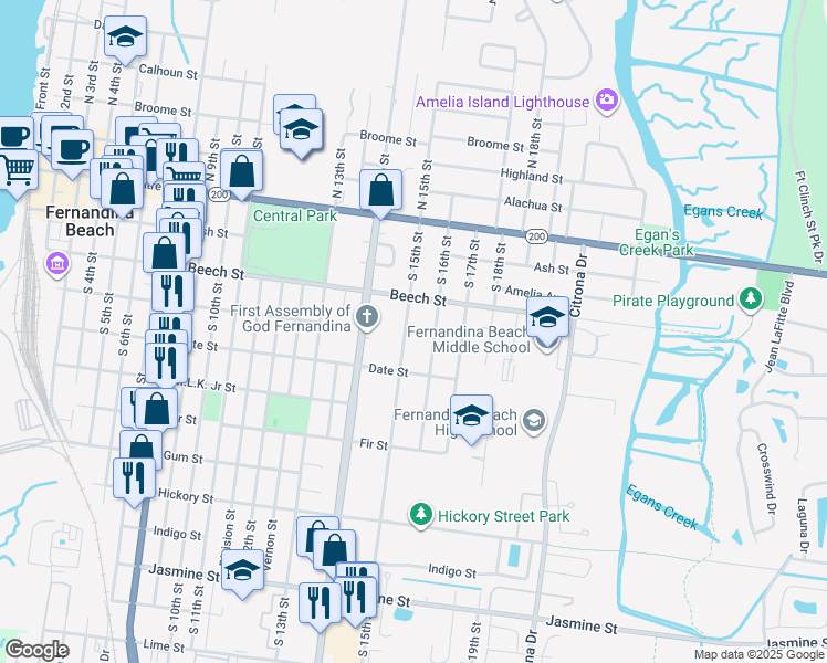 map of restaurants, bars, coffee shops, grocery stores, and more near 210 S 15th St in Fernandina Beach