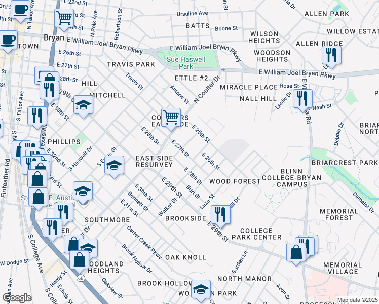 map of restaurants, bars, coffee shops, grocery stores, and more near 1404 East 27th Street in Bryan
