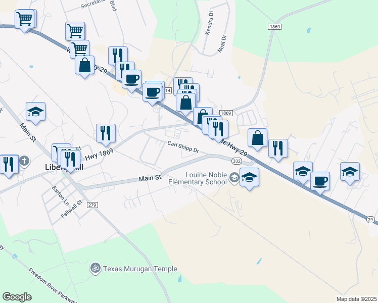 map of restaurants, bars, coffee shops, grocery stores, and more near 400 Carl Shipp Drive in Liberty Hill
