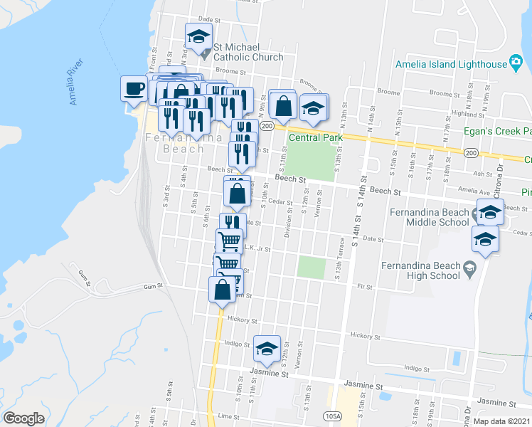 map of restaurants, bars, coffee shops, grocery stores, and more near 314 South 10th Street in Fernandina Beach