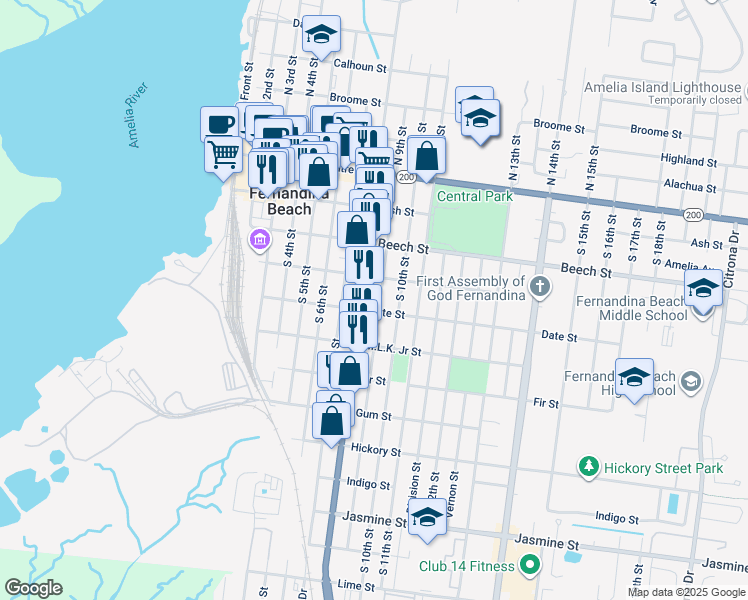 map of restaurants, bars, coffee shops, grocery stores, and more near 323 South 9th Street in Fernandina Beach