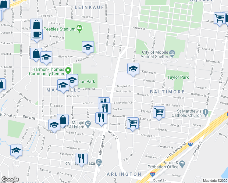 map of restaurants, bars, coffee shops, grocery stores, and more near 1404 McArthur Street in Mobile