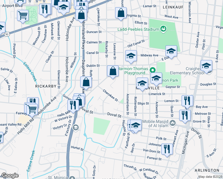 map of restaurants, bars, coffee shops, grocery stores, and more near 1026 Colonial Court in Mobile