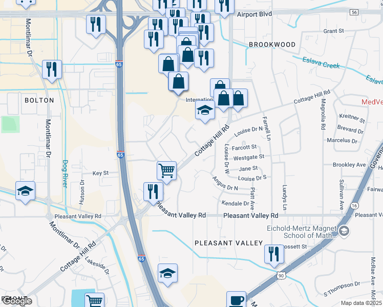 map of restaurants, bars, coffee shops, grocery stores, and more near 3208 Cottage Hill Road in Mobile