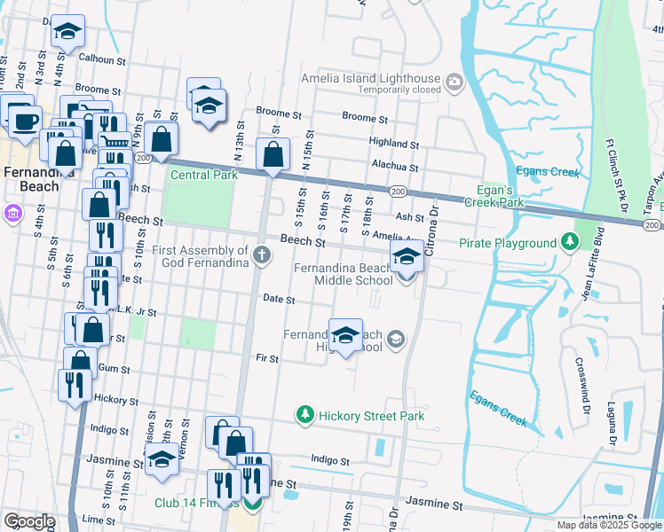 map of restaurants, bars, coffee shops, grocery stores, and more near 207 S 17th St in Fernandina Beach