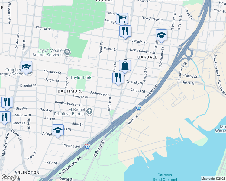 map of restaurants, bars, coffee shops, grocery stores, and more near 1000 Marine Street in Mobile