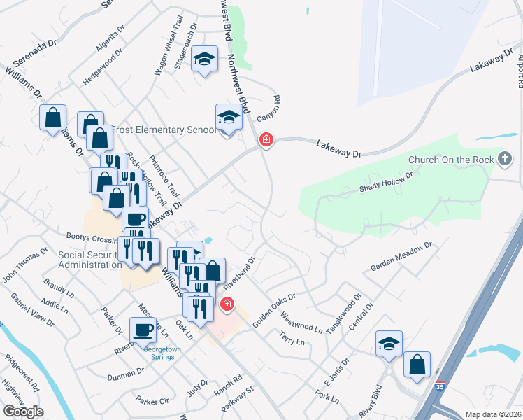 map of restaurants, bars, coffee shops, grocery stores, and more near 3012 Whisper Oaks Lane in Georgetown