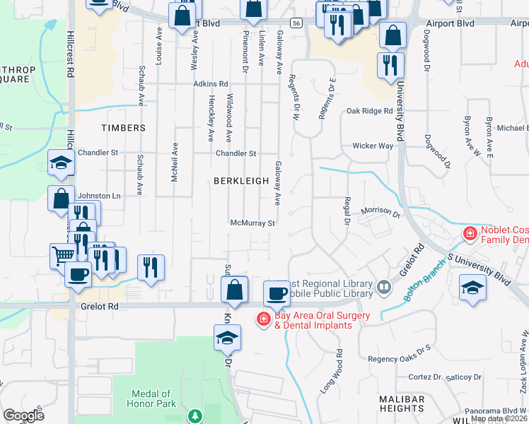 map of restaurants, bars, coffee shops, grocery stores, and more near 1308 Linlen Ave in Mobile