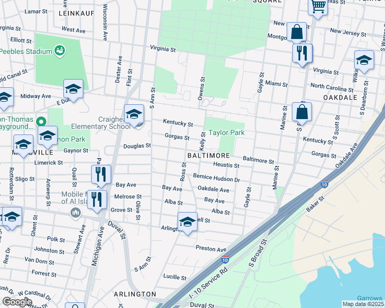 map of restaurants, bars, coffee shops, grocery stores, and more near 1051 Ross Street in Mobile