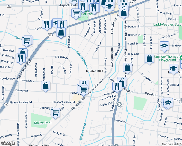 map of restaurants, bars, coffee shops, grocery stores, and more near 716 Bankhead Place in Mobile