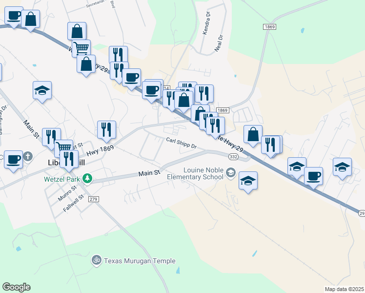 map of restaurants, bars, coffee shops, grocery stores, and more near 400 Carl Shipp Drive in Liberty Hill
