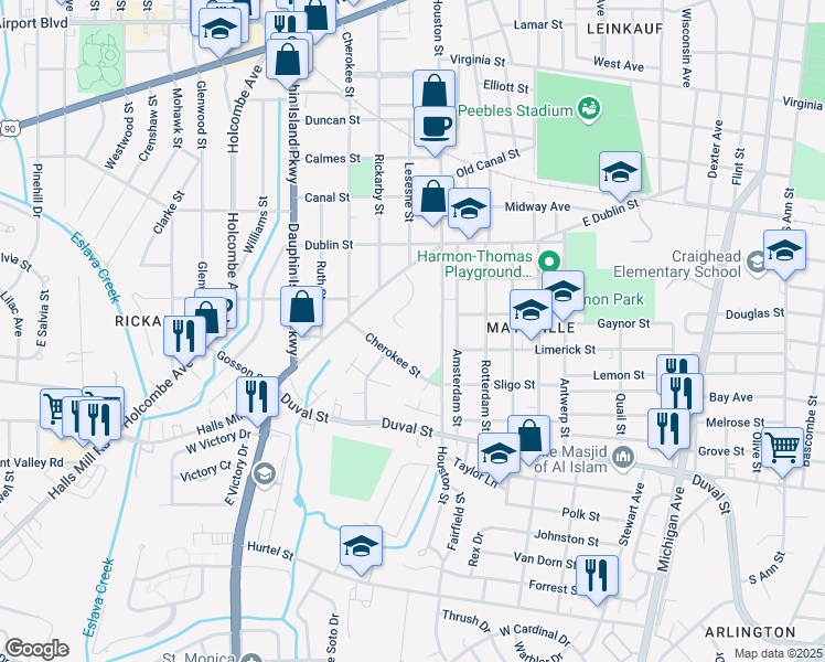 map of restaurants, bars, coffee shops, grocery stores, and more near 1026 Colonial Court in Mobile