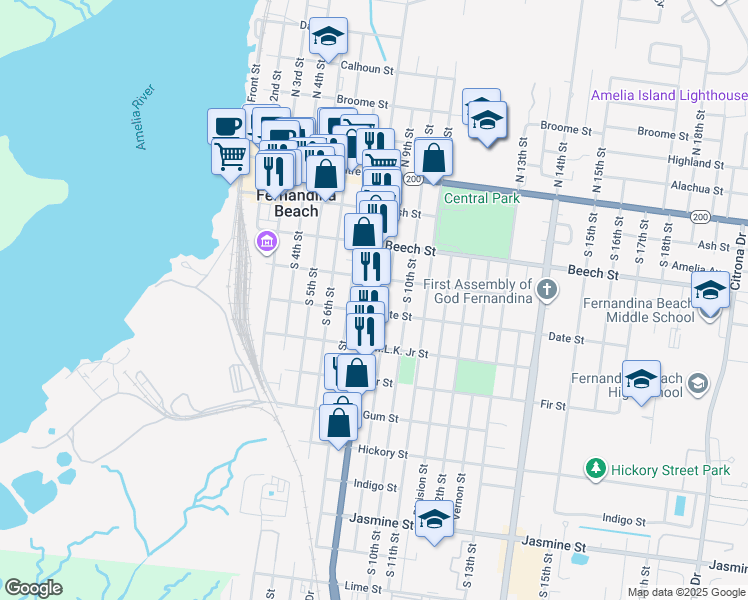 map of restaurants, bars, coffee shops, grocery stores, and more near 323 South 9th Street in Fernandina Beach