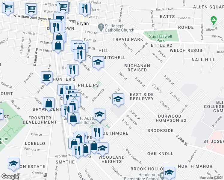 map of restaurants, bars, coffee shops, grocery stores, and more near 810 East 30th Street in Bryan