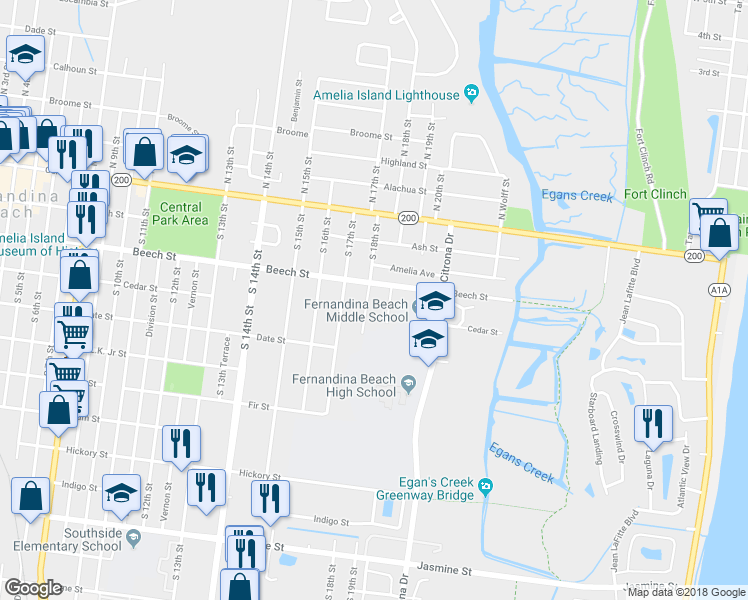 map of restaurants, bars, coffee shops, grocery stores, and more near 206 South 18th Street in Fernandina Beach