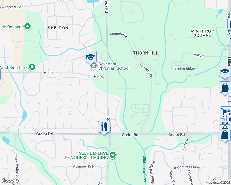 map of restaurants, bars, coffee shops, grocery stores, and more near 1121 Cody Road in Mobile