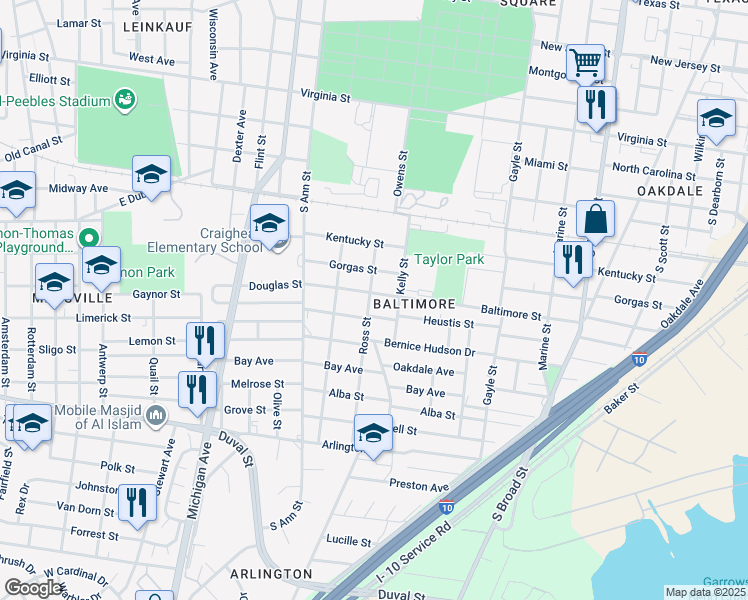 map of restaurants, bars, coffee shops, grocery stores, and more near 1051 Ross St in Mobile