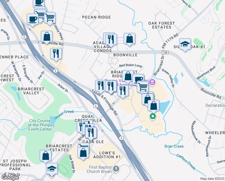 map of restaurants, bars, coffee shops, grocery stores, and more near 2900 Prairie Flower Circle in Bryan