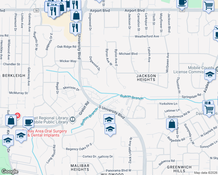 map of restaurants, bars, coffee shops, grocery stores, and more near 434 Ridgecrest Court in Mobile