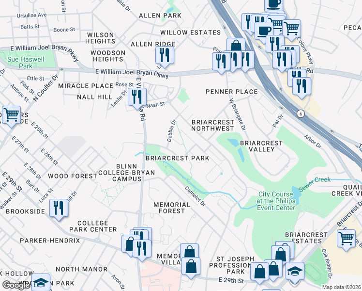 map of restaurants, bars, coffee shops, grocery stores, and more near 2012 Reagan Court in Bryan