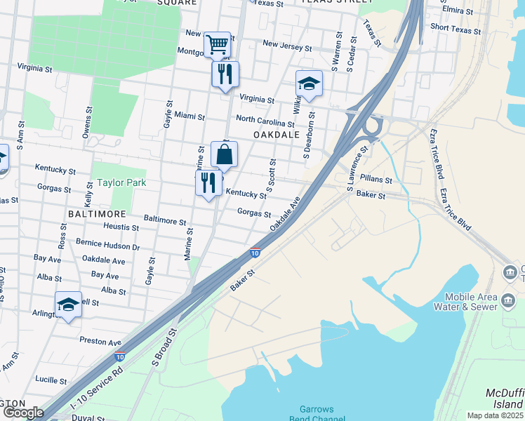 map of restaurants, bars, coffee shops, grocery stores, and more near 782 Gorgas St in Mobile