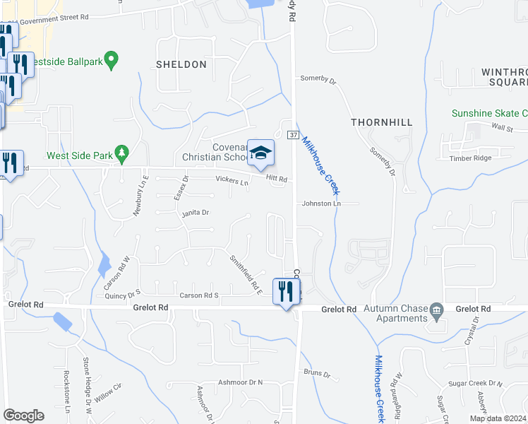 map of restaurants, bars, coffee shops, grocery stores, and more near 7190 Windmill Place North in Mobile