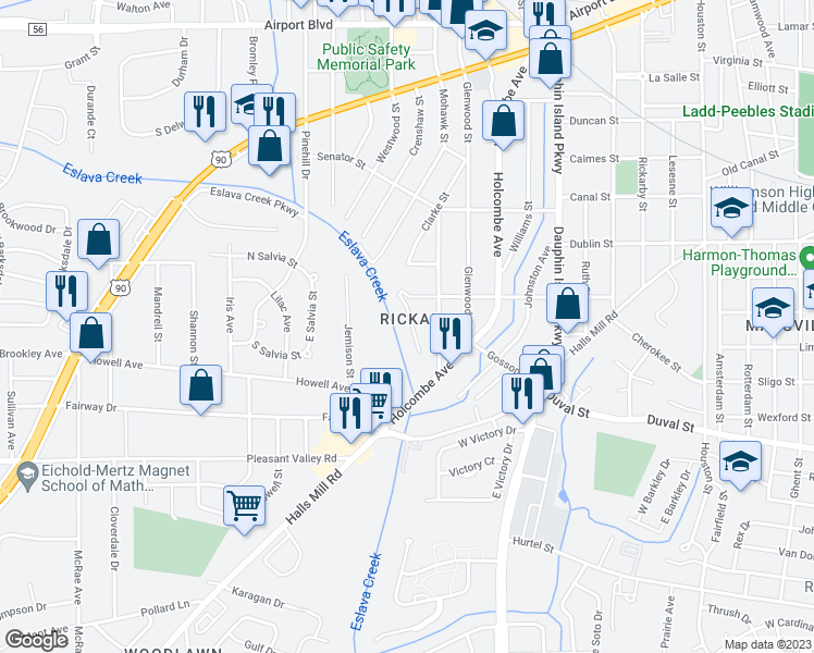 map of restaurants, bars, coffee shops, grocery stores, and more near 716 Bankhead Place in Mobile