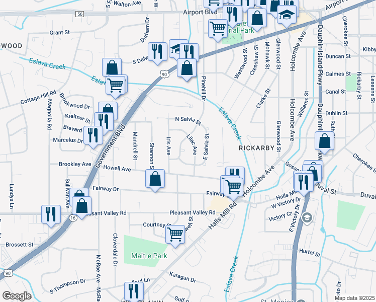 map of restaurants, bars, coffee shops, grocery stores, and more near 708 Lilac Avenue in Mobile