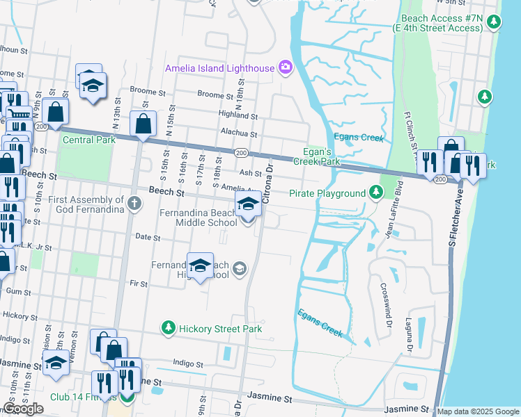 map of restaurants, bars, coffee shops, grocery stores, and more near 2014 Beech Street in Fernandina Beach