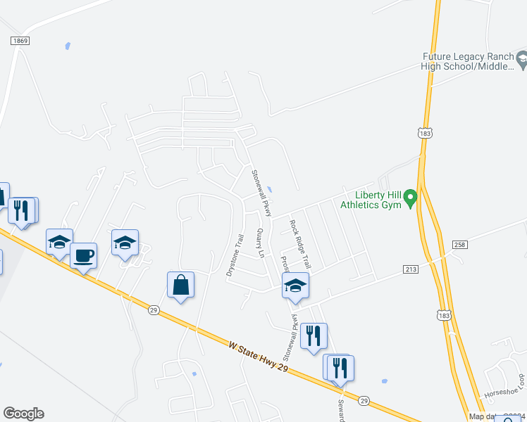 map of restaurants, bars, coffee shops, grocery stores, and more near 360 Quarry Lane in Liberty Hill