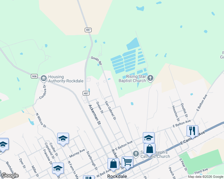 map of restaurants, bars, coffee shops, grocery stores, and more near 815 Smith Road in Rockdale