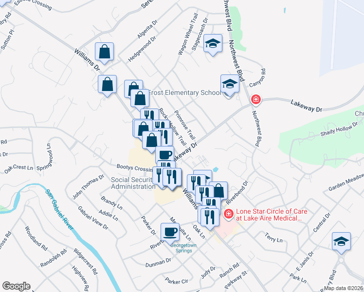 map of restaurants, bars, coffee shops, grocery stores, and more near 3200 Rocky Hollow Trail in Georgetown
