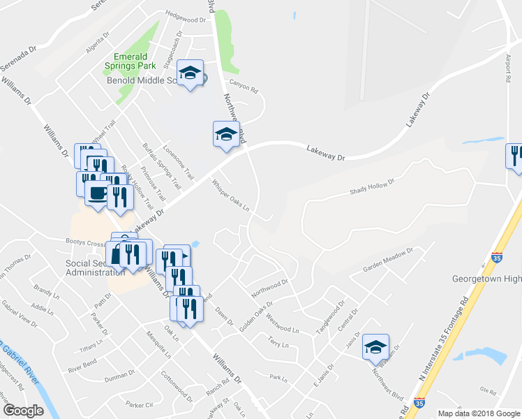 map of restaurants, bars, coffee shops, grocery stores, and more near 2909 Whisper Oaks Lane in Georgetown