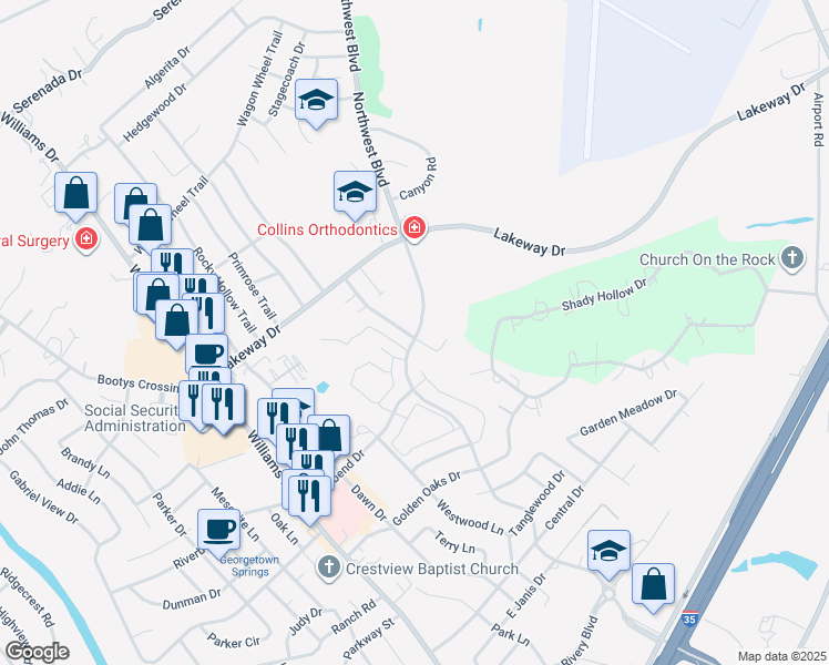 map of restaurants, bars, coffee shops, grocery stores, and more near 3000 Whisper Oaks Lane in Georgetown