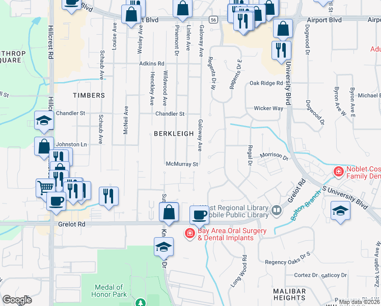 map of restaurants, bars, coffee shops, grocery stores, and more near 1107 Linlen Avenue in Mobile