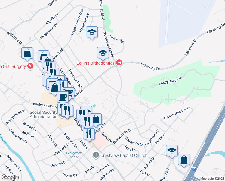 map of restaurants, bars, coffee shops, grocery stores, and more near 3004 Whisper Oaks Lane in Georgetown