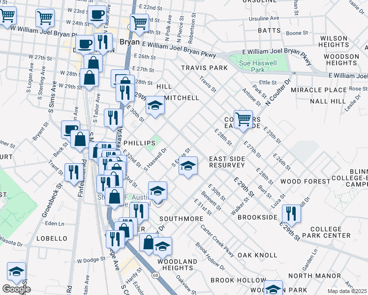 map of restaurants, bars, coffee shops, grocery stores, and more near 507 South Ennis Street in Bryan