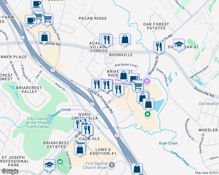 map of restaurants, bars, coffee shops, grocery stores, and more near 3131 Briarcrest Drive in Bryan