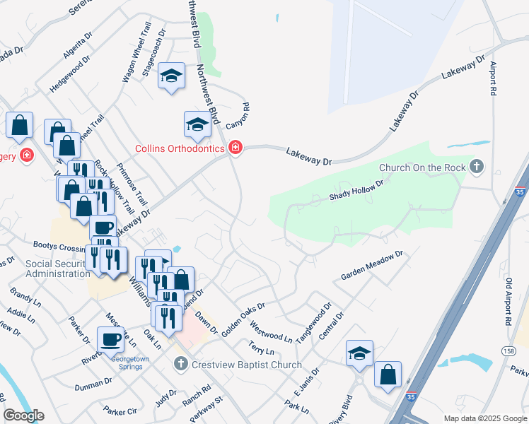 map of restaurants, bars, coffee shops, grocery stores, and more near 2909 Whisper Oaks Lane in Georgetown